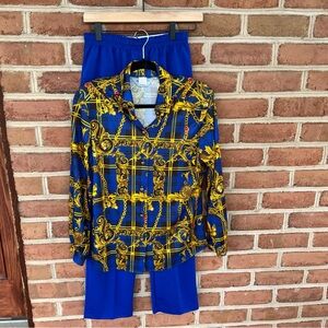 Blue and gold chain patterned vintage 2 piece pant suit. Old money vibes